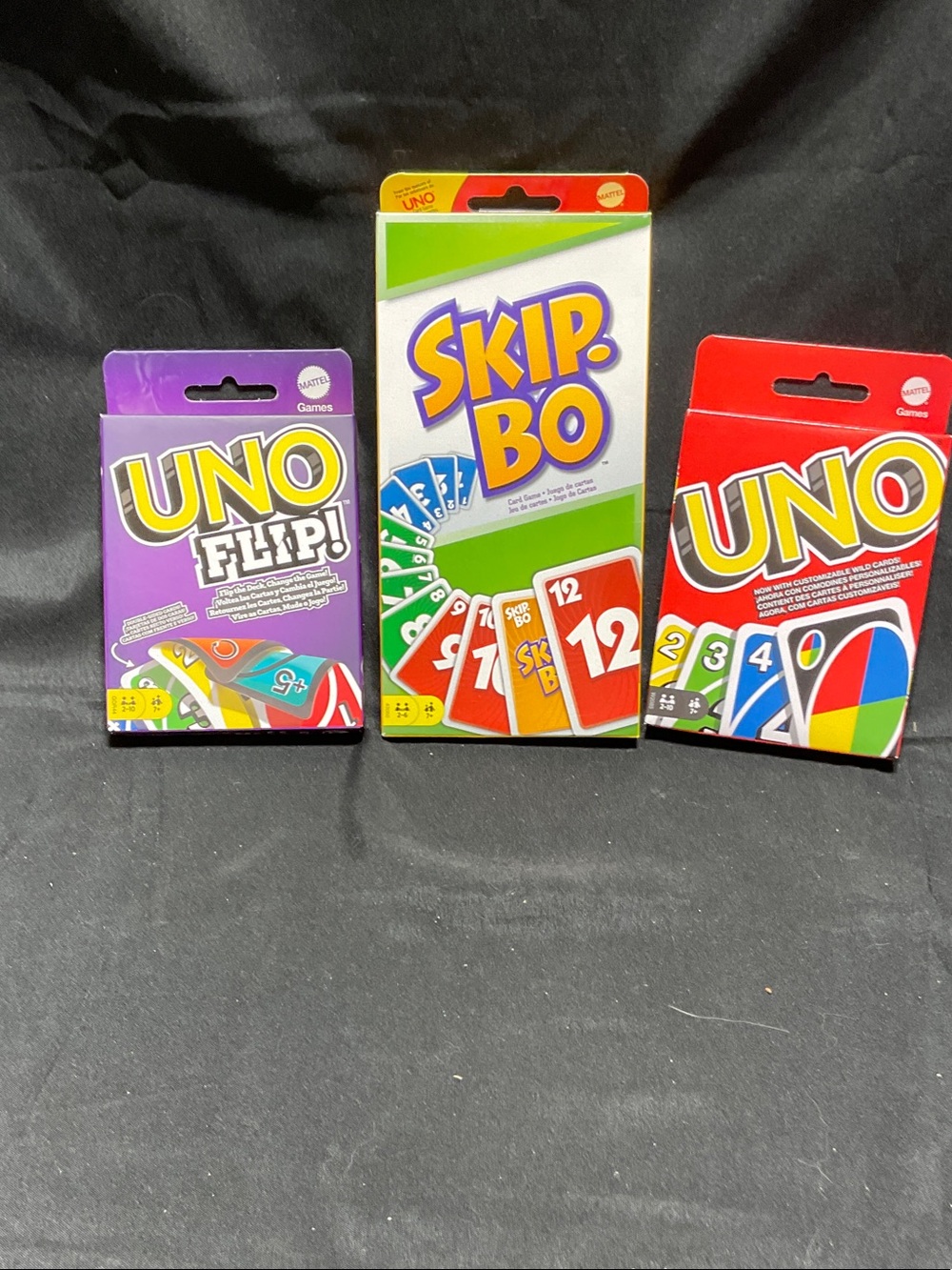 Mattel UNO & UNO FLIP! & Skip-Bo Card Game Bundle - Red & Purple & Green